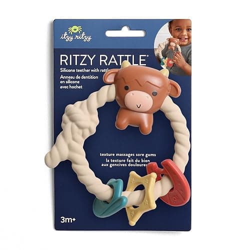 Itzy Ritzy Silicone Teether with Rattle – Rattle Teether Features Rattle Sound, Three Silicone Teething Rings and Raised Texture to Soothe Gums – Ages 3 Months and Up (Highland Cow) thumbnail 6