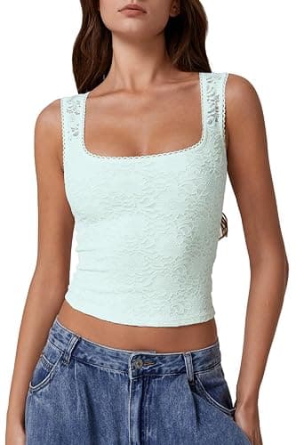 QINSEN Women's Lace Trim Square Neck Sleeveless Double-Layer Tank Top - Image 1
