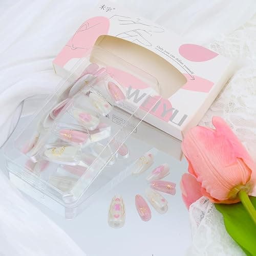 30Pcs Cute Press on Nails Short Almond Fake Nails with Heart Bow Rhinestones Designs Glitter Pink Glue on Nails Artificial Full Cover Stick on Nails Cute Cat Handmade Acrylic Nails for Women Girls - Pink Heart Bow Nails-17 thumbnail 2