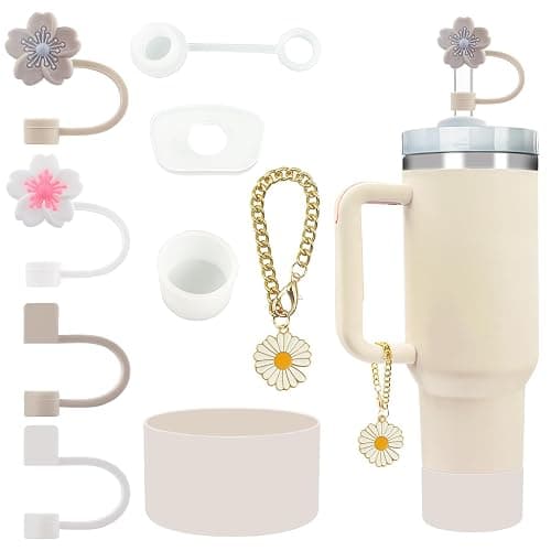Velaco 9 PCS Accessories for Stanley 30/40 oz Tumbler, including Spill-Proof Stopper Set, Straw Toppers, Silicone Cup Boot, Keychain Charm - White - Image 1