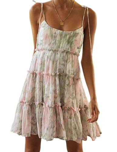 Gihuo Womens Floral Mini Dress Boho Flowy Skater Spaghetti Strap Ruffle Sleeveless Beach Dress 2024 Summer Sundresses - Image 1