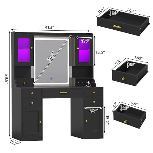 CSZZD Makeup Vanity Desk with Mirror and Lights, Black Vanity Table Set with Charging Station, Dressing Table with RGB Cabinets, Makeup Vanity Mirror with Light Desk and Drawers, 3 LED Light Modes thumbnail 2