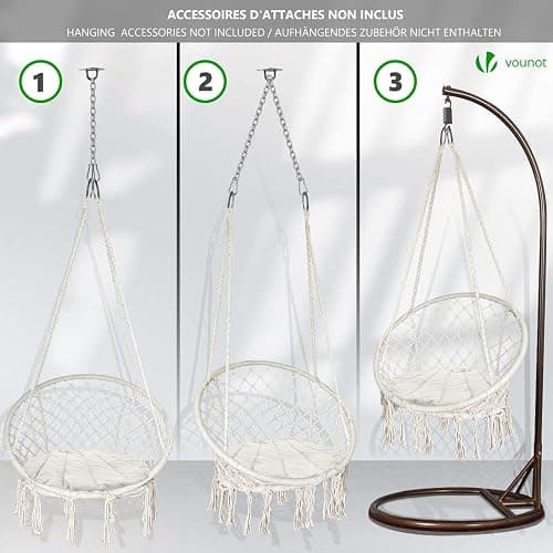 VOUNOT Swing Chair with Round Seat Cushion, Macrame Hammock Hanging Chair for Indoor, Outdoor, Beige thumbnail 5
