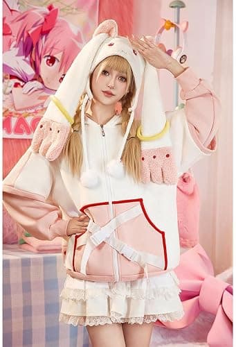 Micotaku Plush Hat Puella Magi Madoka Magica Kyubey Adorable Cosplay Accessory Pink and White thumbnail 3