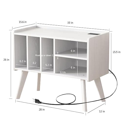 Forevich Record Player Stand Table with Vinyl Storage Holder Large Turntable Record Stand with Power Outlet Holds Up to 220 Albums Display Shelf Cabinet with Wood Legs for Living Room White - White thumbnail 3