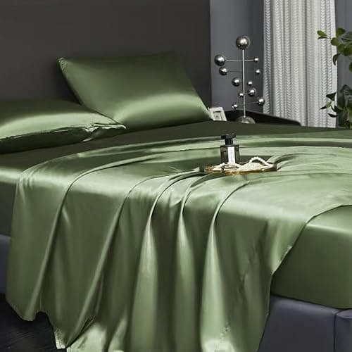 Revdomfly 4 Pcs Full Size Luxury Silky Soft Olive Green Satin Sheet Set,1 Premium Moisture Wicking Fitted Sheet Fits Up to 16 Inches Deep Pocket + 1 Flat Sheet + 2 Pillowcases（Olive Green, Full） thumbnail 9