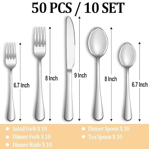 50 Piece Silverware Set Service for 10,Premium Stainless Steel Flatware Set,Mirror Polished Cutlery Utensil Set,Durable Home Kitchen Eating Tableware Set,Include Fork Knife Spoon Set,Dishwasher Safe - Silver thumbnail 2