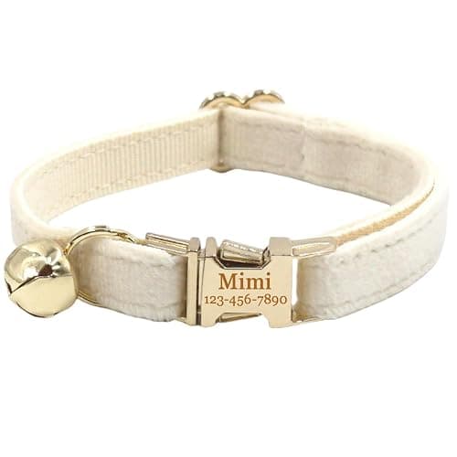Personalized Cat Collar with Bells,Velvet Customized Small Cat Collar with Name Tag,Pet Collar with Name Phone Number Engraved ID Tags for Boy and Girl Kitten Cats (Cream) - Image 1
