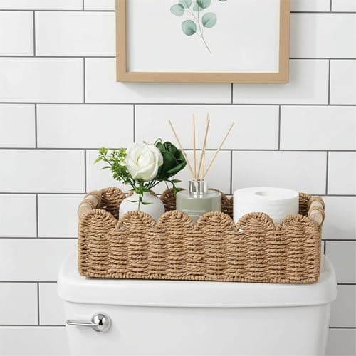 CubesLand Paper Rope Scalloped Edge Toilet Paper Storage Basket, Small Living Room, Bedroom Decor Baskets for Over Toilet Storage Shelf, End Table, Shelves and More, with 2 Wooden Handle, Neutral thumbnail 3