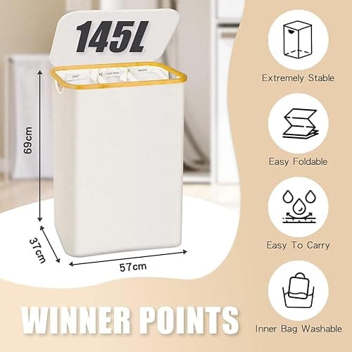 Hampers for Laundry Basket with Lid, 145L Large Laundry Hamper 3 Section | Dirty Clothes Hamper Separator with 3 Removable Bags & 5 Labels, Divided Laundry Organizer for Bedroom, Laundry Room, Beige thumbnail 2