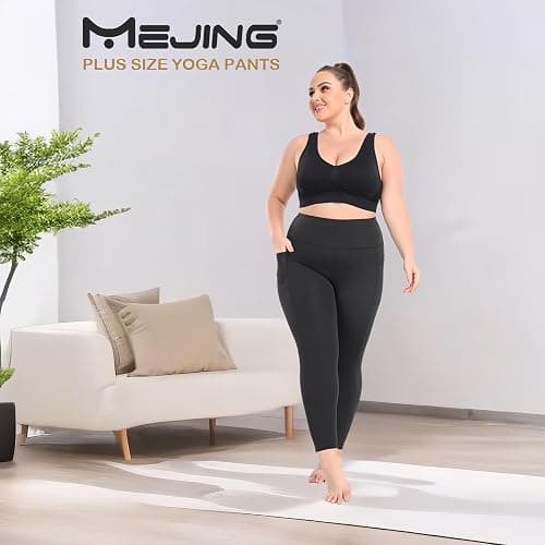 MEJING Plus Size Leggings for Women with Pockets Stretchy, L-5XL Tummy Control High Waist Workout Black Mesh Yoga Pants thumbnail 2