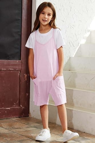 CharmWM Girls Summer Jumpsuits Spaghetti Strap Sleeveless Loose Romper Short Pants with Pockets 5-14 Years thumbnail 2