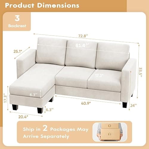 VICTONE Convertible Sectional Sofa Couch, 3 Seat L-Shaped Sofa with Linen Fabric Ottoman Small Couch for Small Apartments, Living Room and Office (Linen Fabric, White) thumbnail 2