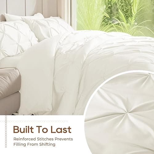 Sasttie Queen Comforter Set, 7-Piece Bed in a Bag, Pintuck Bedding Sets for All Season, Includes Comforter, Flat Sheet, Fitted Sheet, Pillowcases and Pillowshams, Ivory thumbnail 6