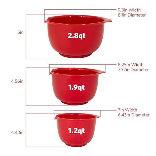 Glad Mixing Bowls with Pour Spout, Set of 3 | Nesting Design Saves Space | Non-Slip, BPA Free, Dishwasher Safe Plastic | Kitchen Cooking and Baking Supplies, Red thumbnail 3
