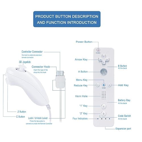 FIOTOK Wii Remote with Nunchuck,Wii Controller with Nunchuck Compatible with Nintendo Wii/Wii U with Silicone Case and Wrist Strap, White thumbnail 5