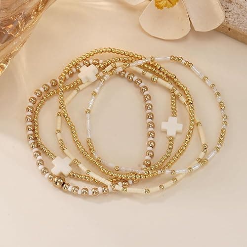 SHINUS BOHO 5Pcs Gold Plated Cross Beaded Bracelets Stack Set for Women,Stretch Stackable Boho Colorful Beads Ball Jewelry Friendship Summer Daily Wear Trendy thumbnail 4