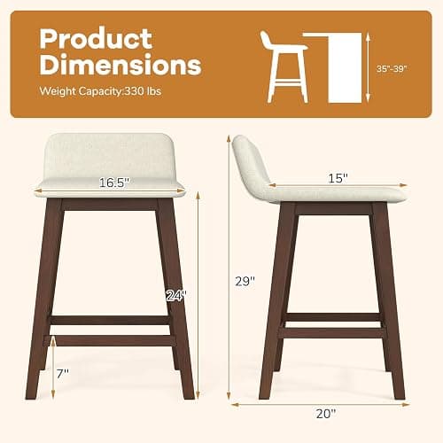Giantex 24" Bar Stools Set of 4, Upholstered Counter Height Barstools with Low Back, Footrest, Armless Wood Bar Chairs for Kitchen Island, Dining Room, Brown & Beige thumbnail 3