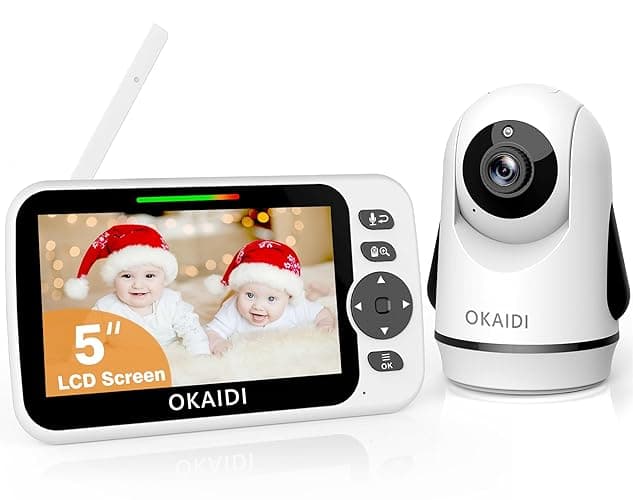 OKAIDI Video Baby Monitor with Camera and Audio, 5" Display Baby Monitor No WiFi, 30H Battery and 1000ft Range, Remote Pan-Tilt-Zoom Baby Camera, Night Vision, 2-Way Talk, ECO, Temperature, Lullaby - OD8052