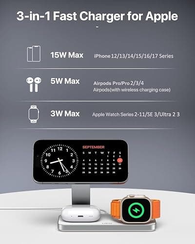 UEQ Foldable 3 in 1 Wireless Charging Station for Apple Compatible with Magsafe Charger Stand,Magnetic Wireless Charger Station for iPhone 17 Air 16 15 14 13 12 Series,Airpods Pro,Apple Watch (White) thumbnail 6