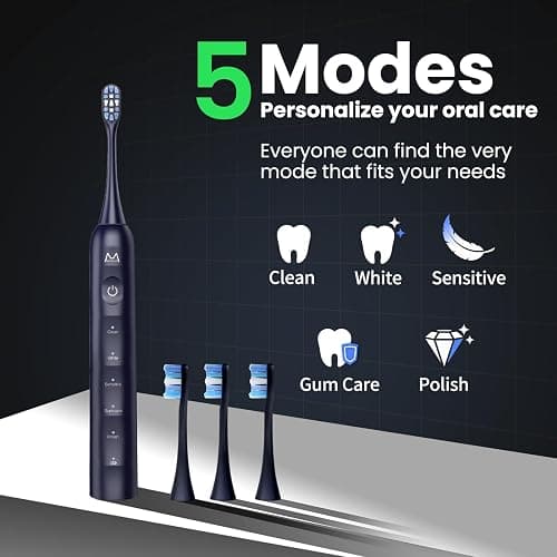 Electric Toothbrush, Marlincare Electric Toothbrush for Adults 180 Days Battery Life Rechargeable with 5 Modes, 48000VPM Motor Smart Timer IPX8, Sonic Toothbrush with 4 Brush Heads &Travel Case, Black thumbnail 8