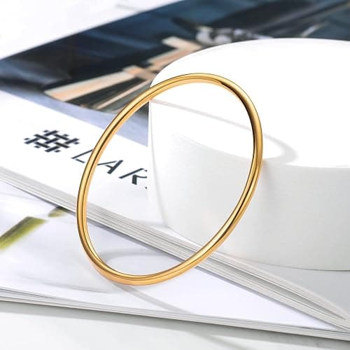 Kainier 3mm 14K Gold Plated Bracelet Stainless Steel Glossy Stackable Thin Round Bangle Bracelet for Women Solid Plain Polished Bracelet Best Gifts for Love thumbnail 6
