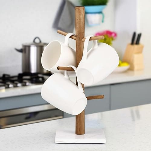 Buruis Wood Mug Holder, Marble Base Cup Rack Tree, Cup Stand Hanger, Kitchen Coffee Mug Tree Countertop Tea Cups Holder Stand, Coffee Mugs Dryer with 6 Hooks, White thumbnail 8