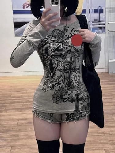 JOLILUNA Emo Grunge Long Sleeve Shirt for Women Y2k Goth Top 90s Vintage Graphic Tees 2000s Mcbling Clothes thumbnail 2