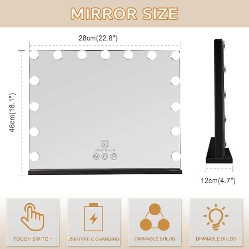 FENCHILIN Vanity Mirror with Lights,Hollywood Lighted Mirror with Dimmer Bulbs, Vanity Makeup Mirror Smart Touch Control (Black) thumbnail 2