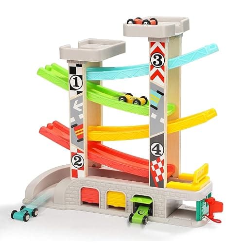 TOP BRIGHT Kugelbahn Autorennbahn aus Holz mit 5 Autos - Kinderspielzeug Geschenke für Kinder, Baby Spielzeug ab 1 Jahr Jungen und Mädchen - Image 1