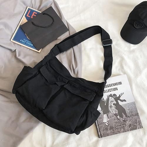 GAXOS Aesthetic Cute Messenger Bag for School Vintage Black Canvas Crossbody for Women Shoulder Laptop Bag thumbnail 3