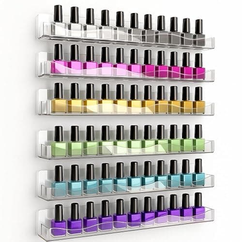 YMVV Clear Acrylic Nail Polish Rack Wall Mounted Shelf,6 Pack Organizer with Unique Wavy Lines,Nail Supplies for Techs,Great Display Salons Retailers - Image 1