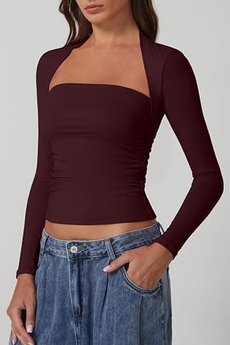 QINSEN Long Sleeve Square Neck Tops for Women Double Lined Side Ruching Going Out Shirts Basic Tee thumbnail 4