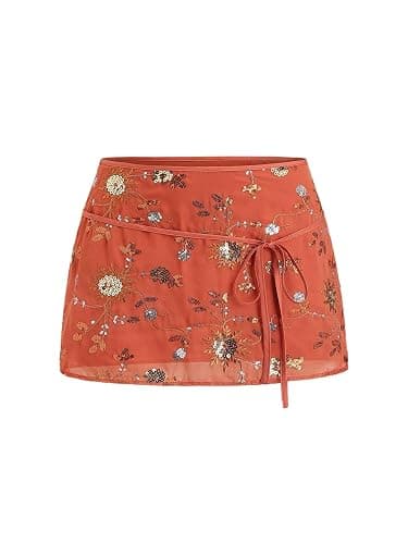 SweatyRocks Women's Sequin Embroidery Y2K Mini Skirts Tie Front Low Waist Boho Summer Skirt - Image 1
