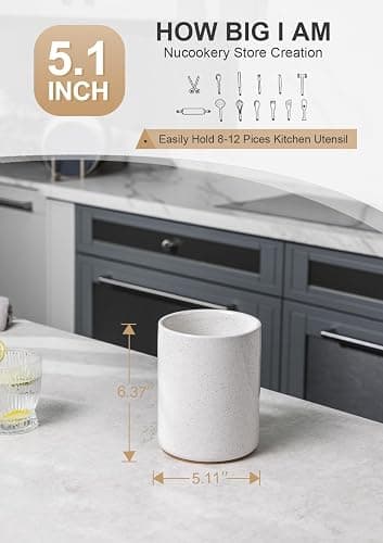 Nucookery Ceramic Kitchen Utensil Holder for Countertop Organizer 6.4" Sand | cooking utensil crock for kitchen counter, sturdy non-slip base,easy to clean,vintage farmhouse kitchen decor, Christmas Gift thumbnail 3