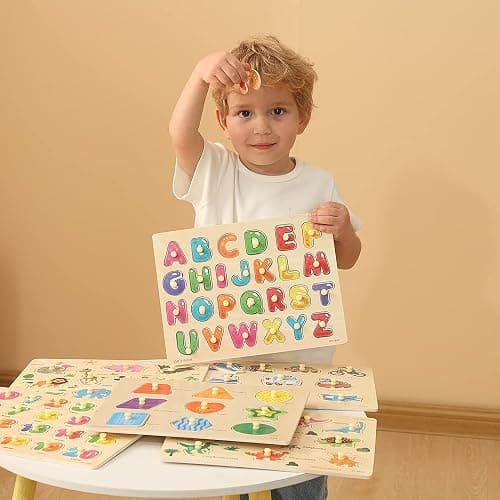 GRINNNIE Wooden Peg Puzzle for Toddlers, 6 Pack Toddler Puzzles Set for 3 4 5 Years Old (Alphabet Number Shape Animal Dinosaur Vehicle), Preschool Education Learning Puzzle Toys for Girls and Boys thumbnail 2