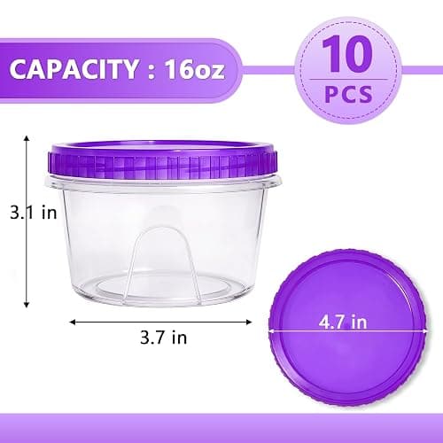 Slomg 10 Pack 16 oz Freezer Storage Containers with Purple Twist Top Lids, Small Plastic Food Storage Soup Meal Prep Containers, Leakproof Overnight Quart Containers for Lunch Leftover Fruit Salad Oat thumbnail 2
