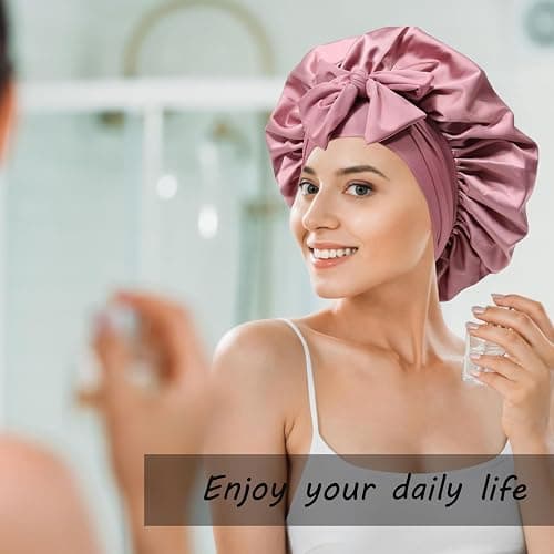 2PCS Silk Bonnet for Women, Satin Bonnet for Sleeping, Large Sleep Cap with Elastic Tie Band for Curly Hair (Bean Paste Pink+Black) thumbnail 5