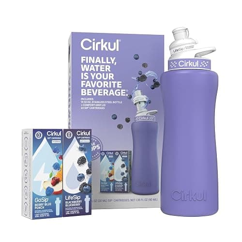 Cirkul 32oz. Matte Periwinkle Stainless Steel Water Bottle Starter Kit with Purple Lid, 2 Flavor Cartridges (1 LifeSip Blackberry Blueberry, 1 GoSip Berry Blue Punch) No Sugar, Zero Calorie Drink Mix thumbnail 3