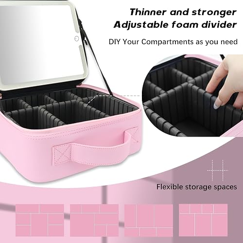 SUILU Makeup Bag with Led Mirror,with 3 Color Setting,Portable Storage and Adjustable Dividers Travel Makeup Bag, for Women and Makeup Artists Large Vanity Makeup Cases-Light Pink thumbnail 3