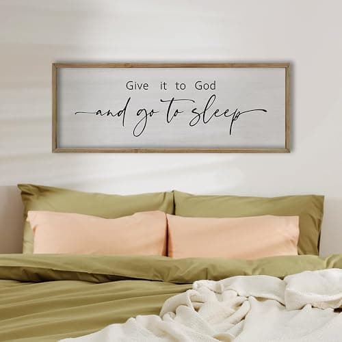 FZMHASLWW Give It To God And Go To Sleep Sign Above Bed Wall Decor 32"×12" Master Bedroom Over Bed Rustic Bible Verse Christian God Holy Catholic Farmhouse Horizontal Wall Art (Wood) thumbnail 7