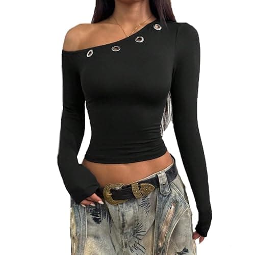 LOFAAC Women Sexy Off Shoulder Metal Ring Decor Long Sleeve Tops Y2K Slim Fit Ruched Grommet Hollow Out Pullover Top - Image 1