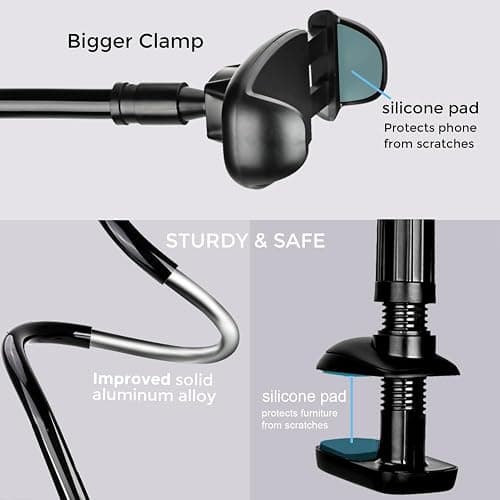 TONDA Phone Holder for Bed Desk, Gooseneck Phone Holder Stand with 33 inch Adjustable Flexible Long Arm Clip Clamp Bracket Mount for iPhone 15 Pro Max XR X 8 7 6 or Other 4-7" Devices thumbnail 2