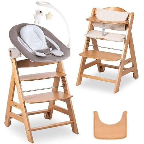 hauck Seggiolone Beta Plus Deluxe - Seggiolone Evolutivo in Legno con Sdraietta e Dondolo per Neonati, Sediolone Pappa, Sicurezza Massima con Cintura a 5 Punti, Regolabile per Tavoli Standard - Image 1