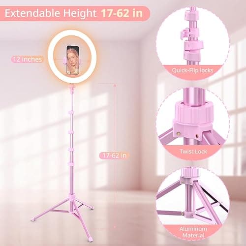 UBeesize 12” Selfie Ring Light with 62” Extendable Tripod Stand & Remote, LED Light with Phone Holder for Video Recording/Makeup/Content Creator (YouTube/TikTok/Twitch), Phone, Camera & Webcam (Pink) thumbnail 3