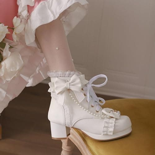 LUXMAX Women Chunky Heel Lace Up Booties Lolita Kawaii Shoes Block Heel Cute Ankle Boots Sweet Lace Boots with Bow thumbnail 2