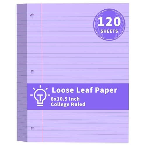 Purple Loose Leaf Paper 120 Sheets Purple Paper 8" x 10.5" College Ruled Paper Colored Notebook Paper 3-Hole Punched Lined Paper, 3 Ring Binder Paper 8 x 10.5 Filler Paper for School Office Supplies - Image 1