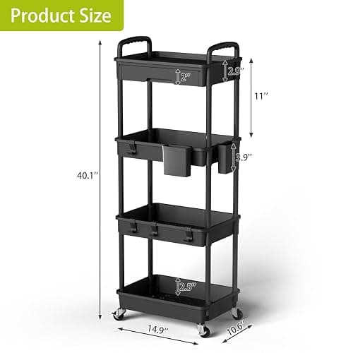 Sorgion 4 Tier Rolling Cart Organizer,Art Craft Diaper Bedside Snack Laundry Room Bathroom Organizer Narrow Thin Slim Rolling Trolley Utility Cart with Wheels for Kitchen,Office(Black) thumbnail 3