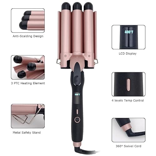 Mistcado 3 Barrel Curling Iron, 1 Inch Ceramic Tourmaline Hair Waver Wand with LCD Temperature Display, Fast Heating Foldable Crimpers for Travel Glove Included (Gold) thumbnail 7