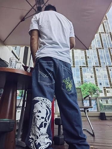Unisex Y2K Hip Hop Street Jeans with Skeleton Print, Gothic Baggy Jeans, Vintage High Waist Denim, Wide Leg Pants thumbnail 7